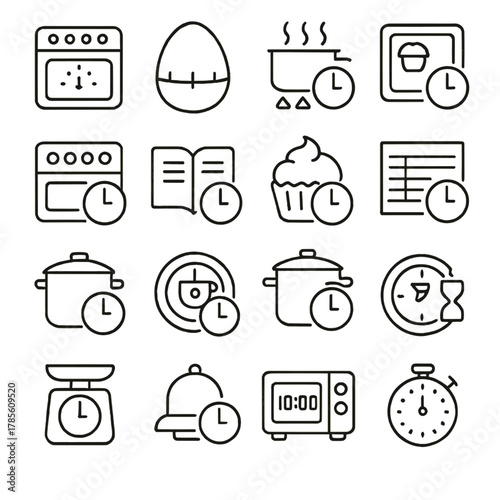 Kitchen and cooking timers icons in minimalistic line art style: oven timer, egg timer, boiling countdown, baking clock, stovetop alarm, recipe time