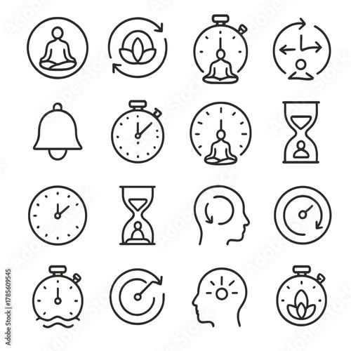 Meditation and breathing timers icons in minimalistic line art style: calm timer, breath cycle icon, mindfulness stopwatch, inhale exhale clock,