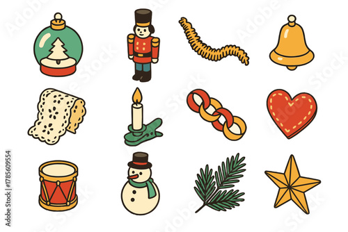 Isometric Christmas Icons. Vintage Christmas Decorations modern flat icon set: glass globe, wooden toy soldier, tinsel strand, metal bell, lace ribbon, candle clip, paper chain,