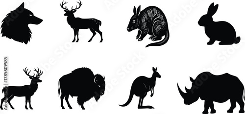 AI generated vector illustration of
 set of animal silhouettes including deer horse dog and other wild and farm animals