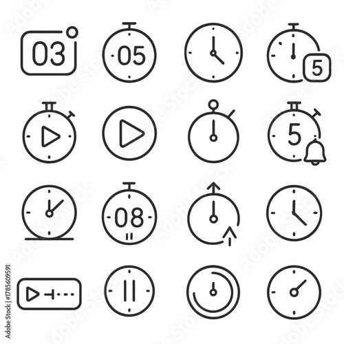 Broadcast and streaming timers icons in minimalistic line art style: live countdown icon, pre-roll timer, stream start clock, timer with video icon,