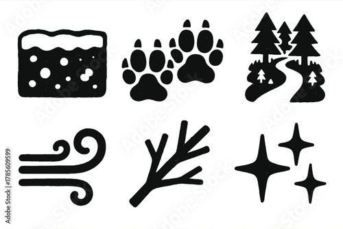 Winter Footprints Icons. Winter Footprints bold vector icon set: snowy ground, paw marks, forest path, cold wind, branch, stars.