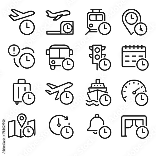 Transportation and travel timers icons in minimalistic line art style: airport departure clock, boarding time icon, train arrival timer, GPS countdown