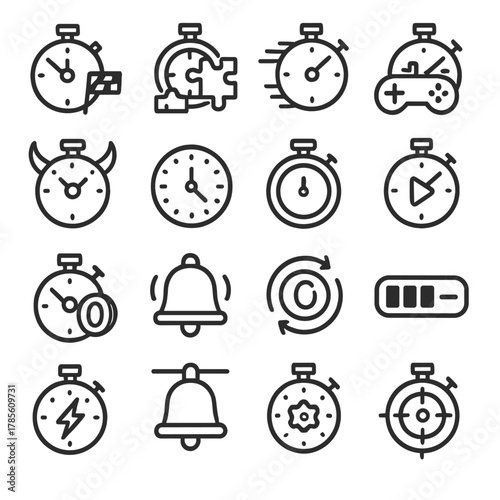 Gaming and challenge timers icons in minimalistic line art style: speedrun stopwatch, puzzle countdown, time attack icon, timer with joystick, boss