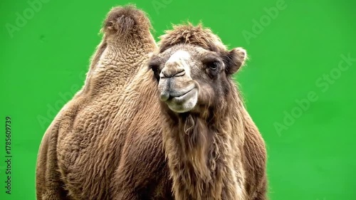 Two Humped Bactrian Camel Standing Still Against a Vibrant Green Screen Background