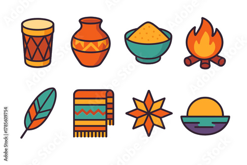 Ancestral Icons Collection. Ancestral Gathering modern flat icon set: drum, pottery, cornmeal, fire pit, feather, blanket, star, horizon.