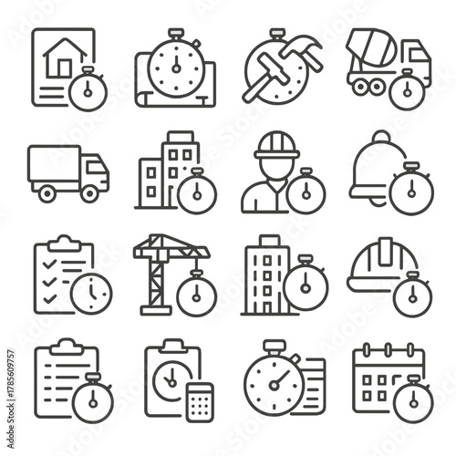 Construction and task timers icons in minimalistic line art style: project countdown, blueprint timer, tool stopwatch, concrete setting timer,