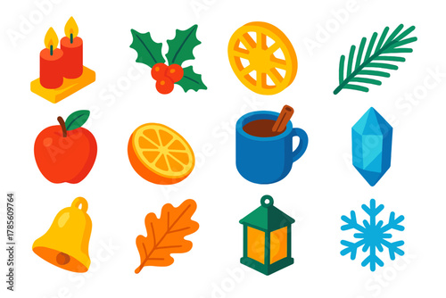 Yule Ritual Icons. Yule Ritual Set modern flat icon set: candles, holly sprig, sun wheel, pine bough, apple, orange slice, mug of spice tea, crystal, bell, oak leaf, lantern,