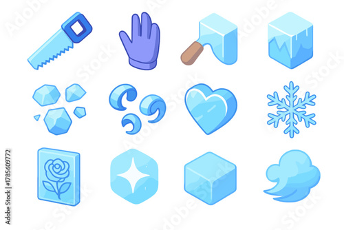 Winter Artistry Icons. Winter Artistry modern flat icon set: ice saw, carving tool, artist glove, frosted edge, chip fragments, ice shavings, frozen heart, snow crystal, detailed