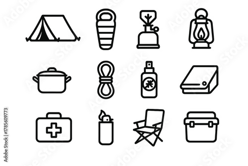 Camping Essentials Icons. Camping Essentials outline icon set: tent, sleeping bag, portable stove, lantern, cooking pot, rope, insect repellent, tarp, first aid kit, lighter,
