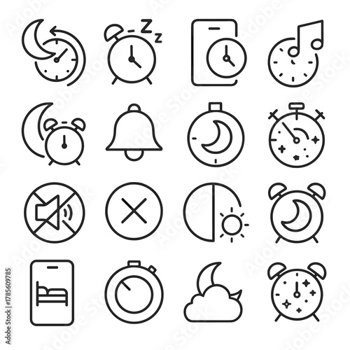 Sleep and relaxation timers icons in minimalistic line art style: sleep countdown, snooze clock, bedtime reminder, lullaby timer, moon with clock,