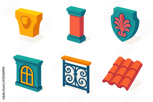 Isometric Facade Icons. Historic Facade Elements modern flat icon set: keystone, pilaster, stone carving, window lintel, wrought iron railing, roof tile.