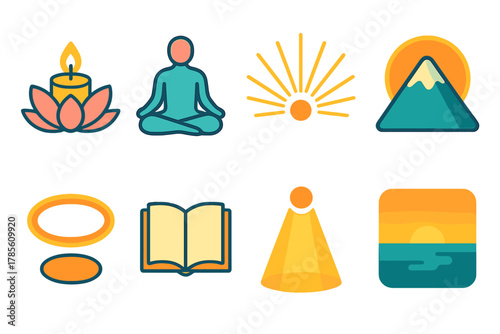 Isometric Spiritual Icons. Spiritual Guidance modern flat icon set: lotus candle, meditating figure, golden rays, mountain peak, halo glow, open book, light beam, serene horizon.