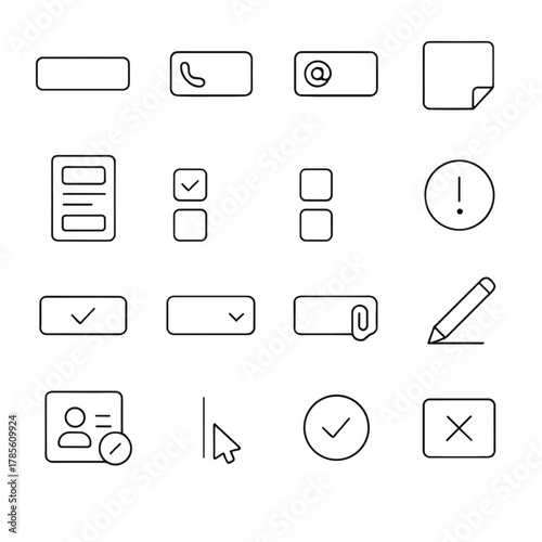 Forms and input icons icons in minimalistic line art style: name field, phone field, email input, message box, contact form page, checkboxes, radio
