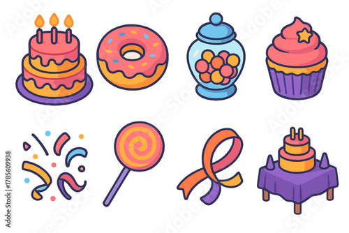 Sweet Treat Icons. Sweet Celebration modern flat icon set: multi-tier cake, frosted donut, candy jar, sweet cupcake, confetti sprinkles, lollipop swirl, festive ribbon, dessert