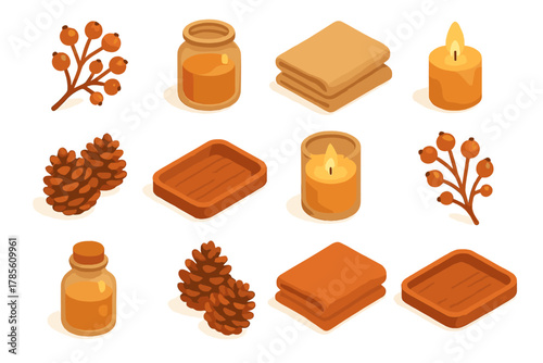 Rustic Winter Icons. Rustic Winter Decor modern flat icon set: dried berry bunch, glass jar, linen fabric, candle glow, pinecones, wooden tray, warm palette, gentle shadows,