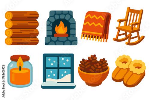 Cozy Winter Icons. Rustic Winter Retreat modern flat icon set: log walls, stone hearth, wool throw, rocking chair, candle jar, snowy window, pinecone bowl, cozy slippers.