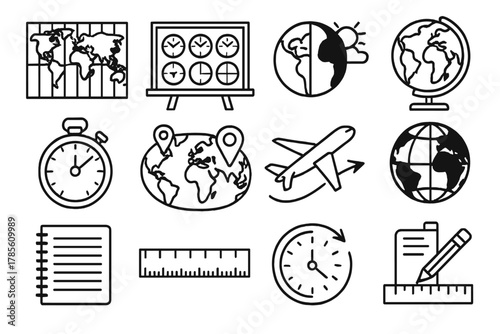 Global Time Zones Study. Educational world time zones set outline icon set: labeled map of continents, equator and meridian lines, teaching chalkboard with clocks, illustrated
