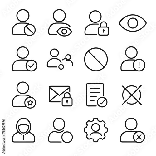 Privacy and permissions icons icons in minimalistic line art style: blocked contact, hidden profile, contact lock, visibility toggle, profile approval