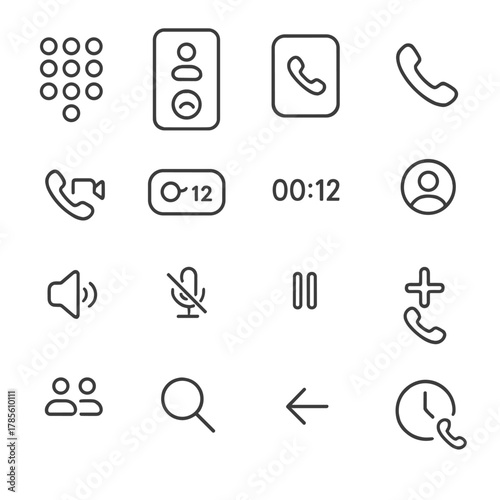 Phone app UI elements icons in minimalistic line art style: dialpad button, call screen layout, incoming call popup, end call button, call icon in
