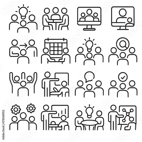 Team collaboration icons in minimalistic line art style: brainstorming group, project meeting, remote team, video conference, task delegation, team
