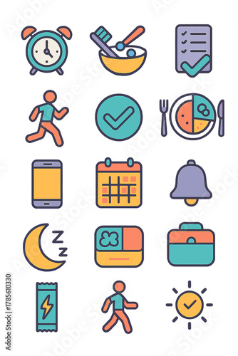 Daily goals icons in modern flat vector style in minimalistic vibrant color design: alarm clock, toothbrush icon, breakfast bowl, to-do list, morning