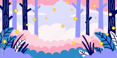 Enchanted Forest Scene with Fireflies and Pastel Trees	Vector Landscape Background.