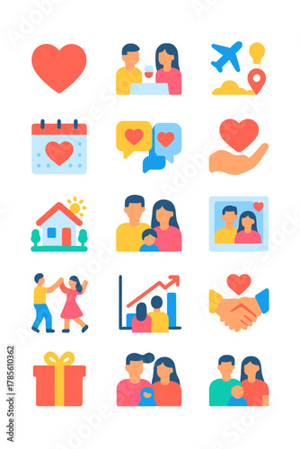 Relationship goals icons in modern flat vector style in minimalistic vibrant color design: heart icon, dinner date, couple icon, shared vision, travel