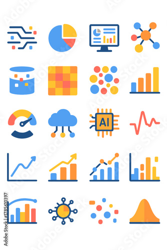 Big data analytics icons in modern flat vector style in minimalistic vibrant color design: data stream, pie graph, analytics dashboard, predictive