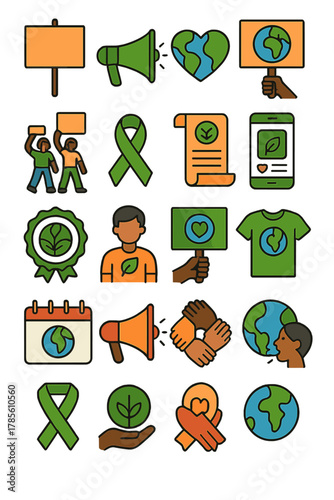 Environmental activism icons icons in modern flat vector style in minimalistic vibrant color design: protest board, green megaphone, earth heart,