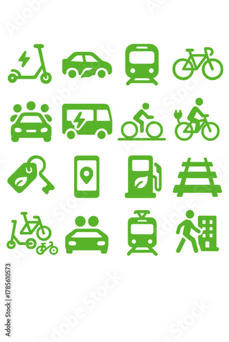Green transportation icons icons in modern flat vector style in minimalistic vibrant color design: electric scooter, hybrid car, metro train, bicycle,