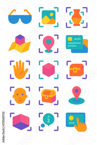 Augmented reality icons icons in modern flat vector style in minimalistic vibrant color design: AR glasses, real-time overlay, virtual try-on, object