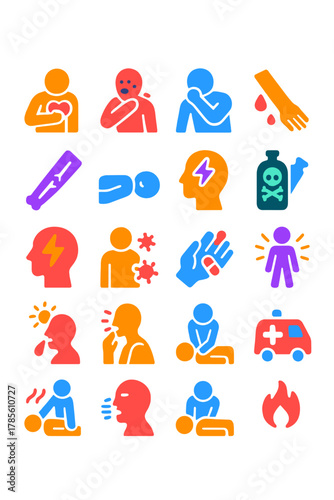 Medical emergencies icons in modern flat vector style in minimalistic vibrant color design: heart attack, allergic reaction, choking, bleeding injury,