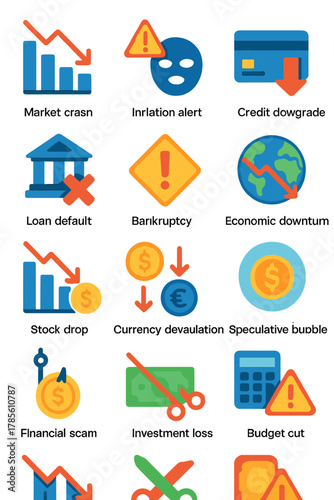 Financial risk indicators icons in modern flat vector style in minimalistic vibrant color design: market crash, inflation alert, fraud risk, credit