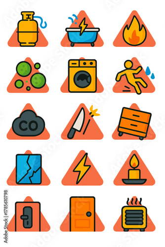 Household danger signs icons in modern flat vector style in minimalistic vibrant color design: gas leak, water overflow, electrical short, fire hazard
