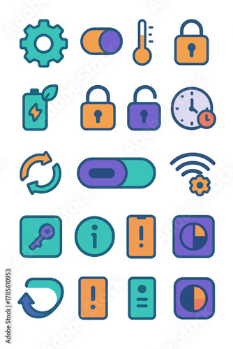Device Settings icon set icons in modern flat vector style in minimalistic vibrant color design: [Gear icon, Toggle switch, Brightness slider, Volume