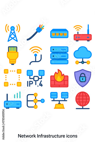 Network Infrastructure icon set icons in modern flat vector style in minimalistic vibrant color design: [GSM tower, Fiber cable, Network switch,