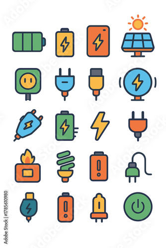 Energy & Charging icon set icons in modern flat vector style in minimalistic vibrant color design: [Battery full, Battery charging, Power bank, Solar