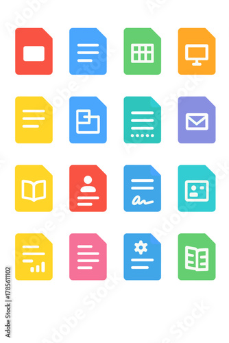 Document types icon set icons in modern flat vector style in minimalistic vibrant color design: [PDF icon, Word file, Spreadsheet icon, Presentation
