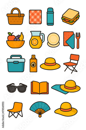 Summer Picnic Items icons in modern flat vector style in minimalistic vibrant color design: Picnic basket, checkered blanket, thermos, sandwich, fruit