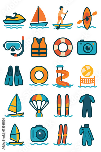 Water Activities icons in modern flat vector style in minimalistic vibrant color design: Jet ski, sailboat, paddle board, kayak, diving mask, life
