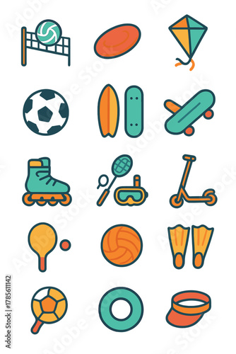Outdoor Sports icons in modern flat vector style in minimalistic vibrant color design: Beach volleyball, frisbee, kite, paddleball set, soccer ball,