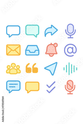 Communication UI icons in modern flat vector style in minimalistic vibrant color design: Chat bubble, comment icon, reply arrow, voice message, email