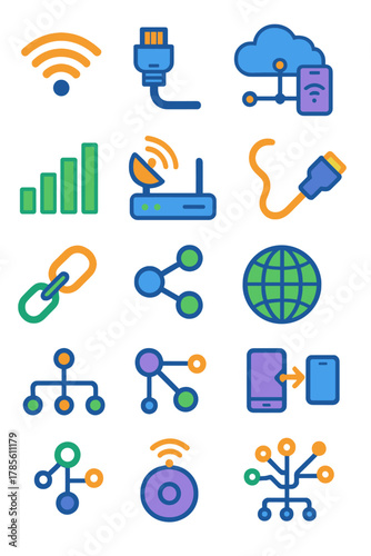 Connection and Networking icons in modern flat vector style in minimalistic vibrant color design: Wi-Fi symbol, ethernet plug, cloud connection,