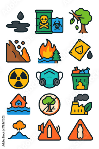Environmental Hazards icons in modern flat vector style in minimalistic vibrant color design: Oil spill, toxic waste barrel, contaminated water,