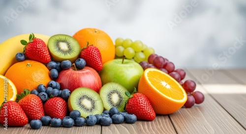 Fototapeta Naklejka Na Ścianę i Meble -  A colorful assortment of fruits including strawberries, blueberries, kiwi, and oranges on a wooden table.
