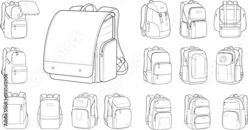 Collection of modern backpack line drawings, various school and travel bag designs, detailed vector illustration for education, lifestyle, and fashion design