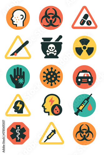 Medical Warnings icons in modern flat vector style in minimalistic vibrant color design: Allergy icon, biohazard waste, toxic medicine, overdose alert