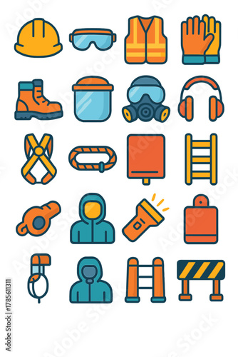 Safety Equipment icons in modern flat vector style in minimalistic vibrant color design: Hard hat, safety goggles, high-visibility vest, gloves, steel