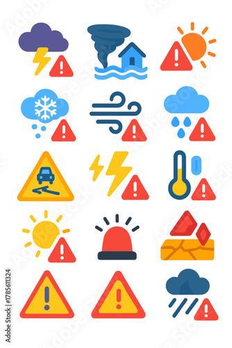 Weather Alerts icons in modern flat vector style in minimalistic vibrant color design: Thunderstorm icon, tornado sign, flood warning, heatwave symbol
